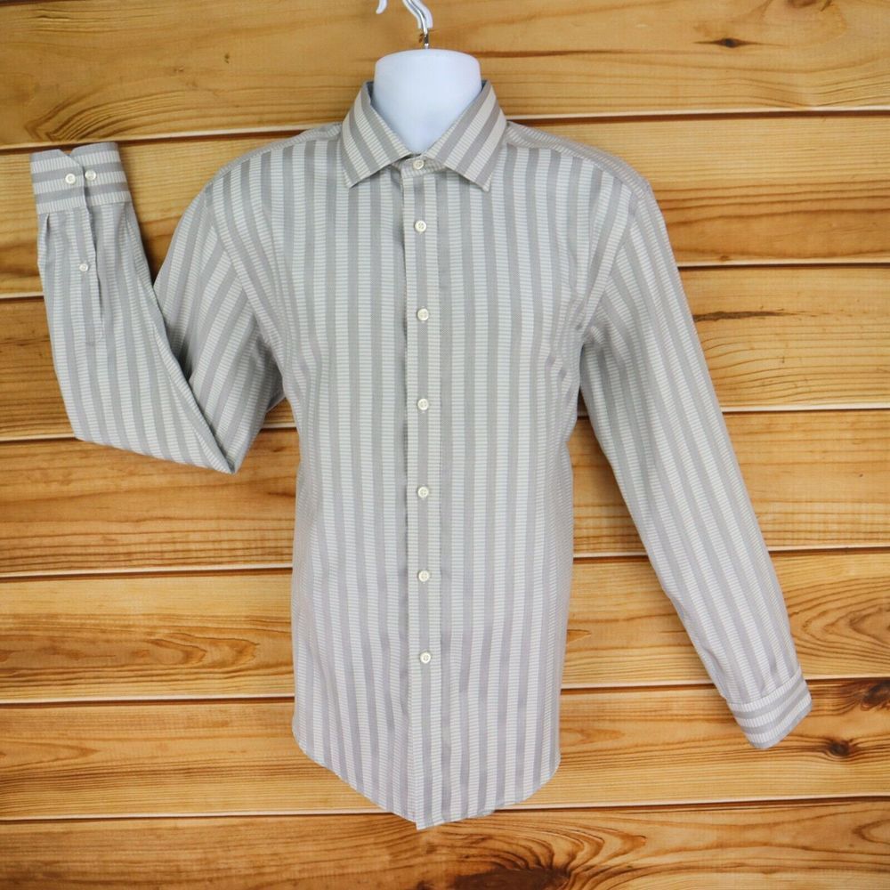 Pronto Uomo Dress Shirt Non-Iron Mens L Gray Striped 100% Cotton Spread Collar